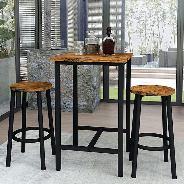 Industrial Style 3-Piece Square Rustic Brown Wooden Top Bar Table Set with 2-Round Bar Stools for Two