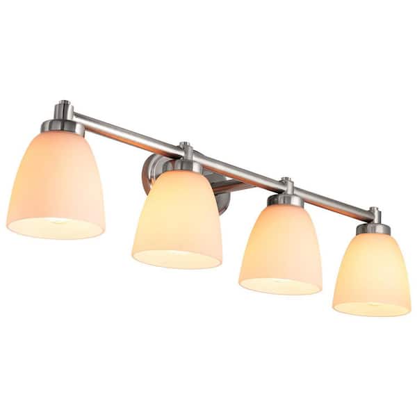 34 in. 4 Light Bar Brushed Nickel Bathroom Vanity Light Fixture with Bell Shaped Frosted Glass Shade