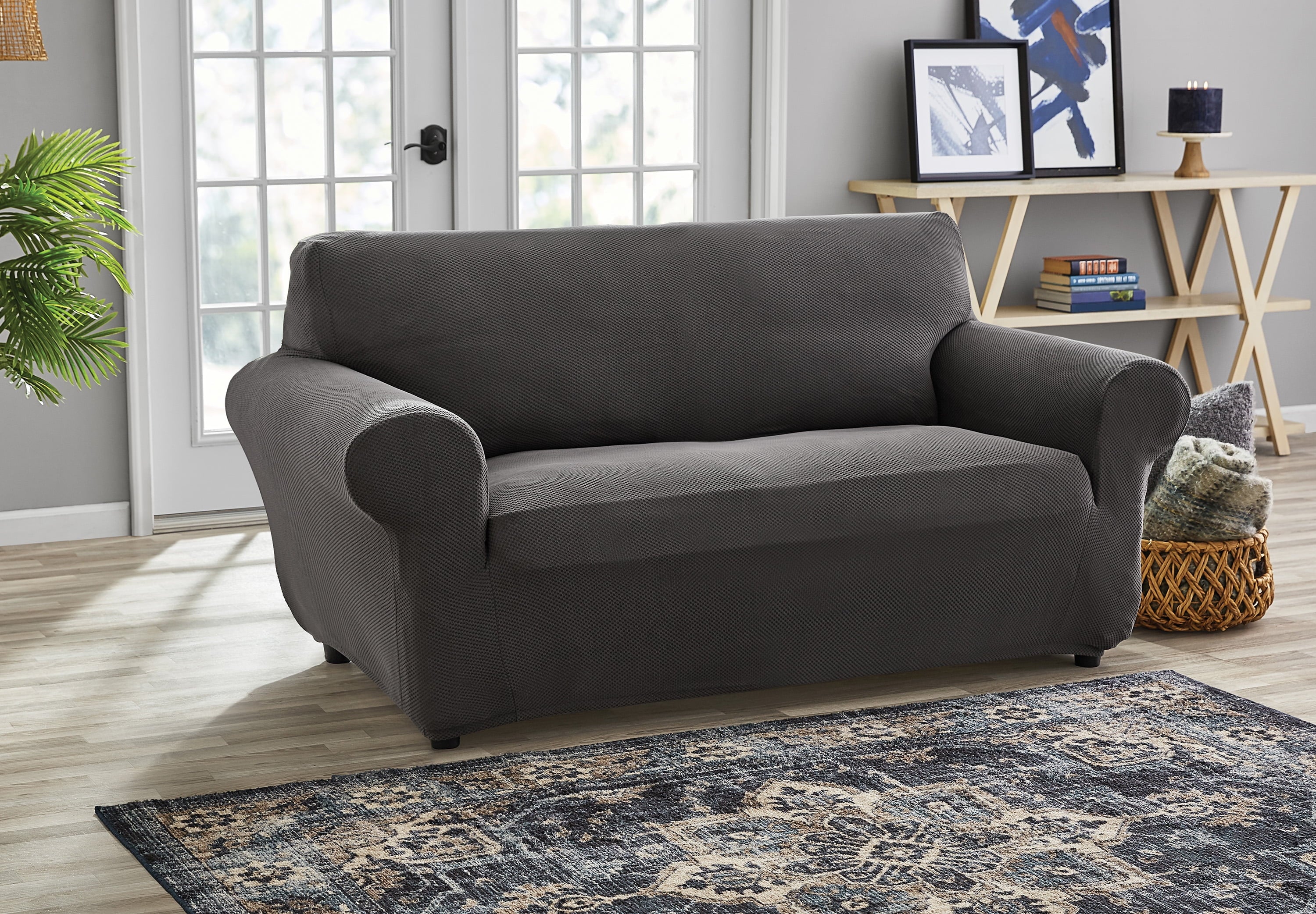 Mainstays Pixel Stretch Fabric Loveseat Slipcover, Gray, 1-Piece