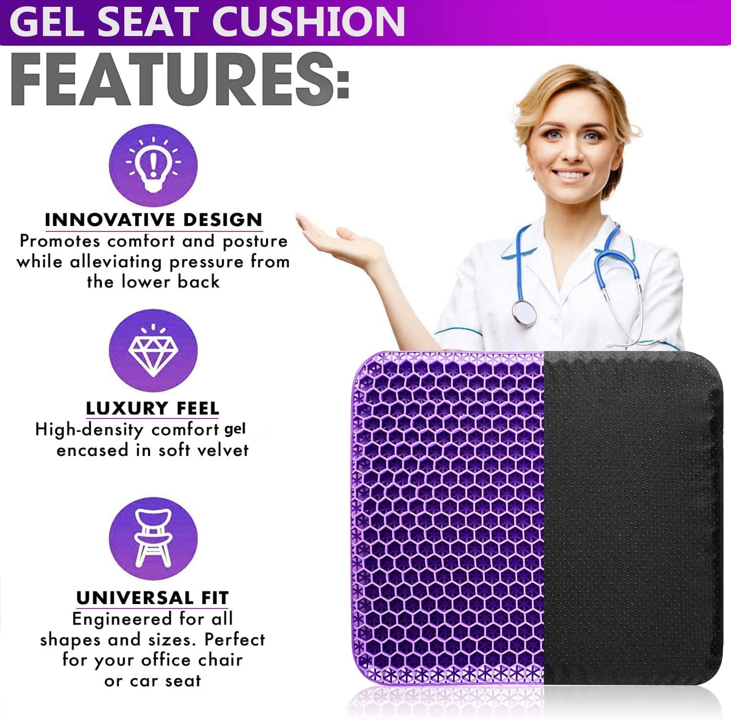 Gel Enhanced Seat Cushion for Long Sitting - Double Thick Honeycomb Breathable Design Egg Seat Cushion with Non-Slip Cover - Office Chair Car Cooling Seat Cushion - Computer Desk Pain Relief Pad