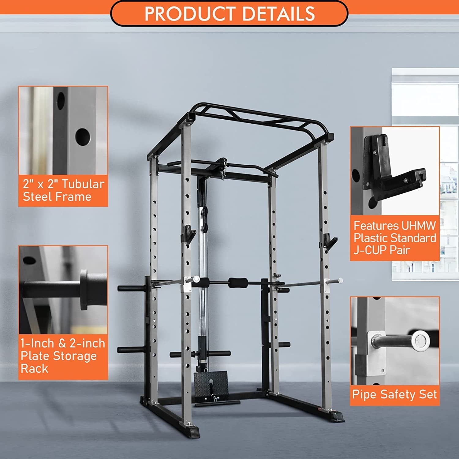 RitFit 1000LB Capacity Power Cage Rack with Adjustable Weight Bench, Lat Pull Down System with J-Cups, Dip Bars and Other Attachments