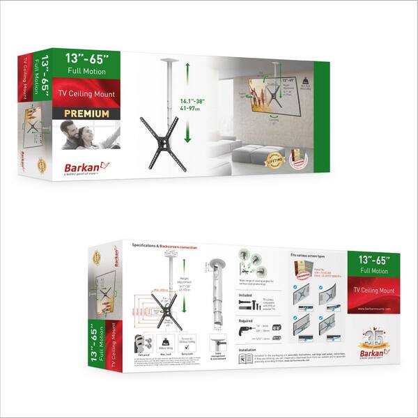 Barkan 29 in. to 65 in. Full Motion - 3 Movement Flat / Curved TV Ceiling Mount, White & Black, Telescopic Adjustment