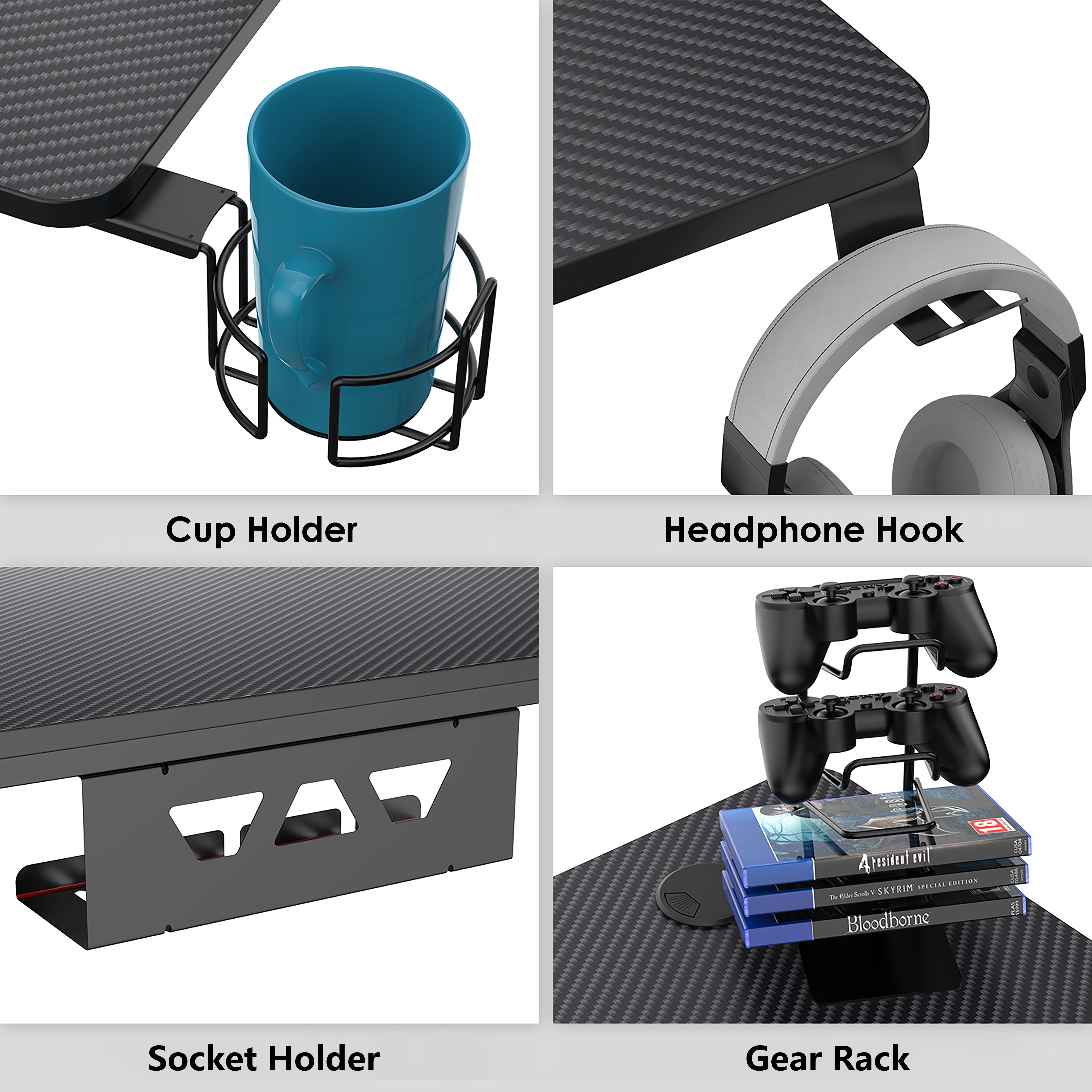 PX Series 31.5 in. Black Computer Gaming Desk with Cup Holder, Gear Rack, Headphone Hook, Socket Holder
