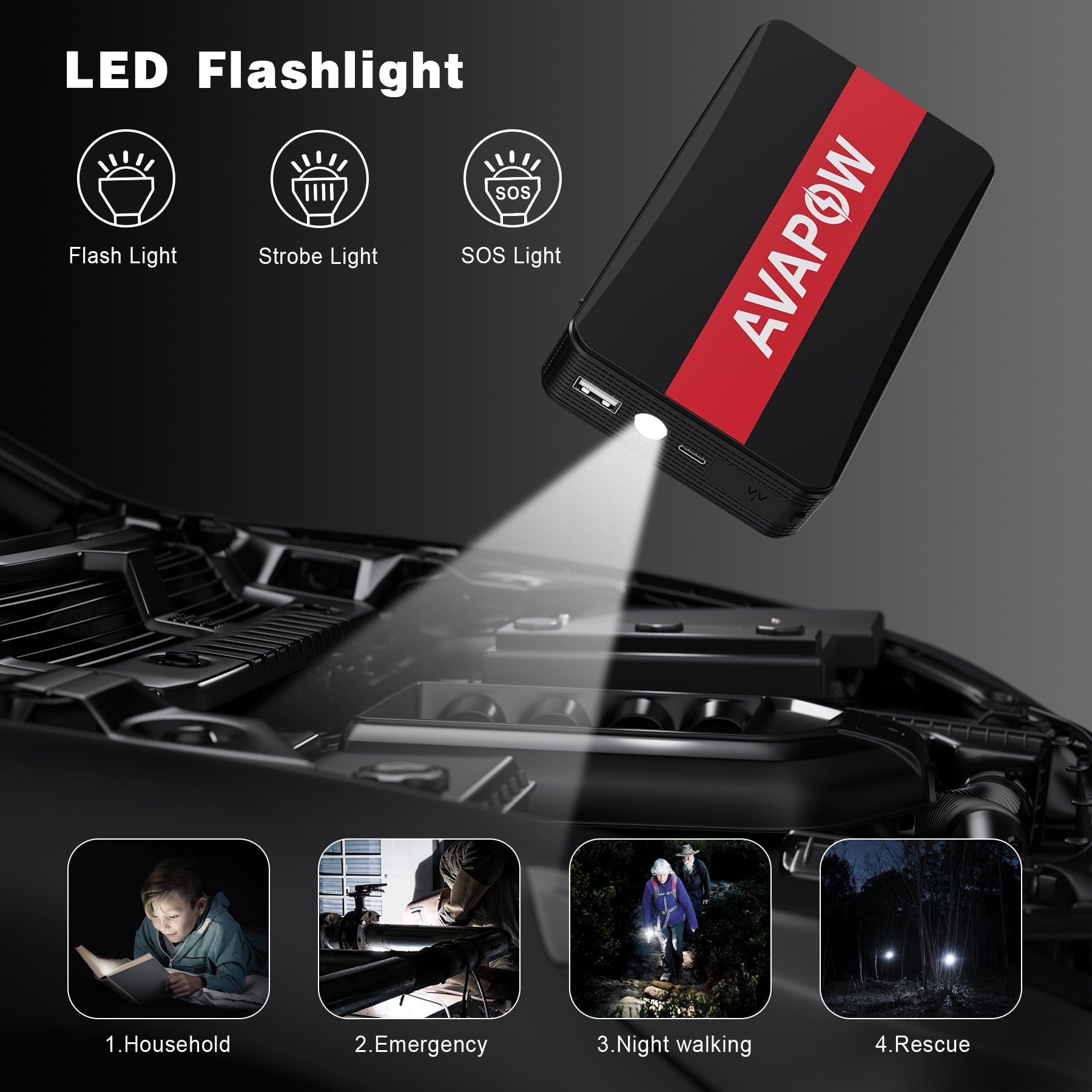 AVAPOW Car Jump Starter - 1000A Peak 12V Battery Jump Starter (up to 7.0L Gas) Booster Pack - Power Bank with Built-in LED Light