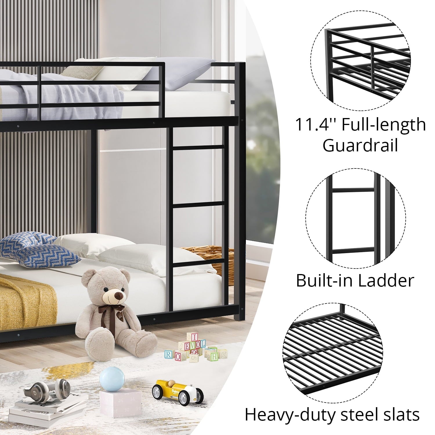 Full over Full Low Bunk Bed for Kids Teens Adults, Metal Bunk Bed Frame with Ladder and Safety Guardrails, Load-Bearing 350lb, Noise Free, Black 77.1''Lx55.9''Wx53.7''H