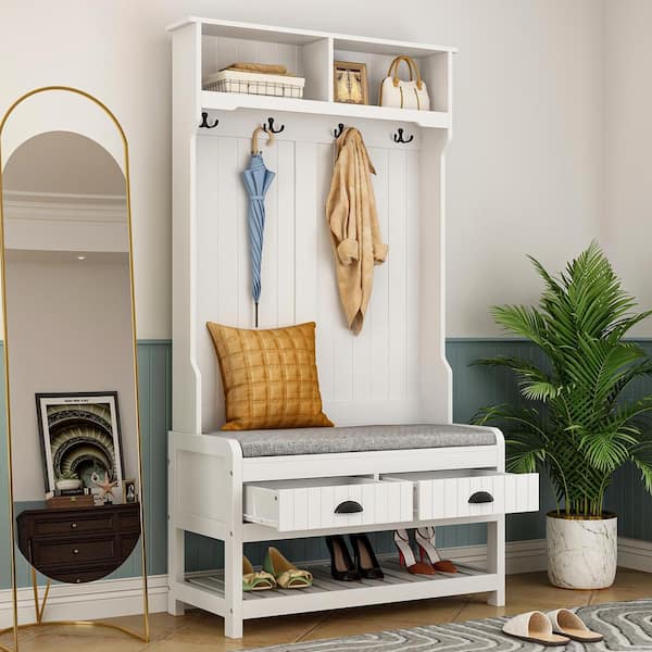 68.5 in. White Wood 3-in-1 Hall Tree With Storage Bench, 4-Metal Double Coats and Umbrellas Hooks and 2-Drawers, Shelves