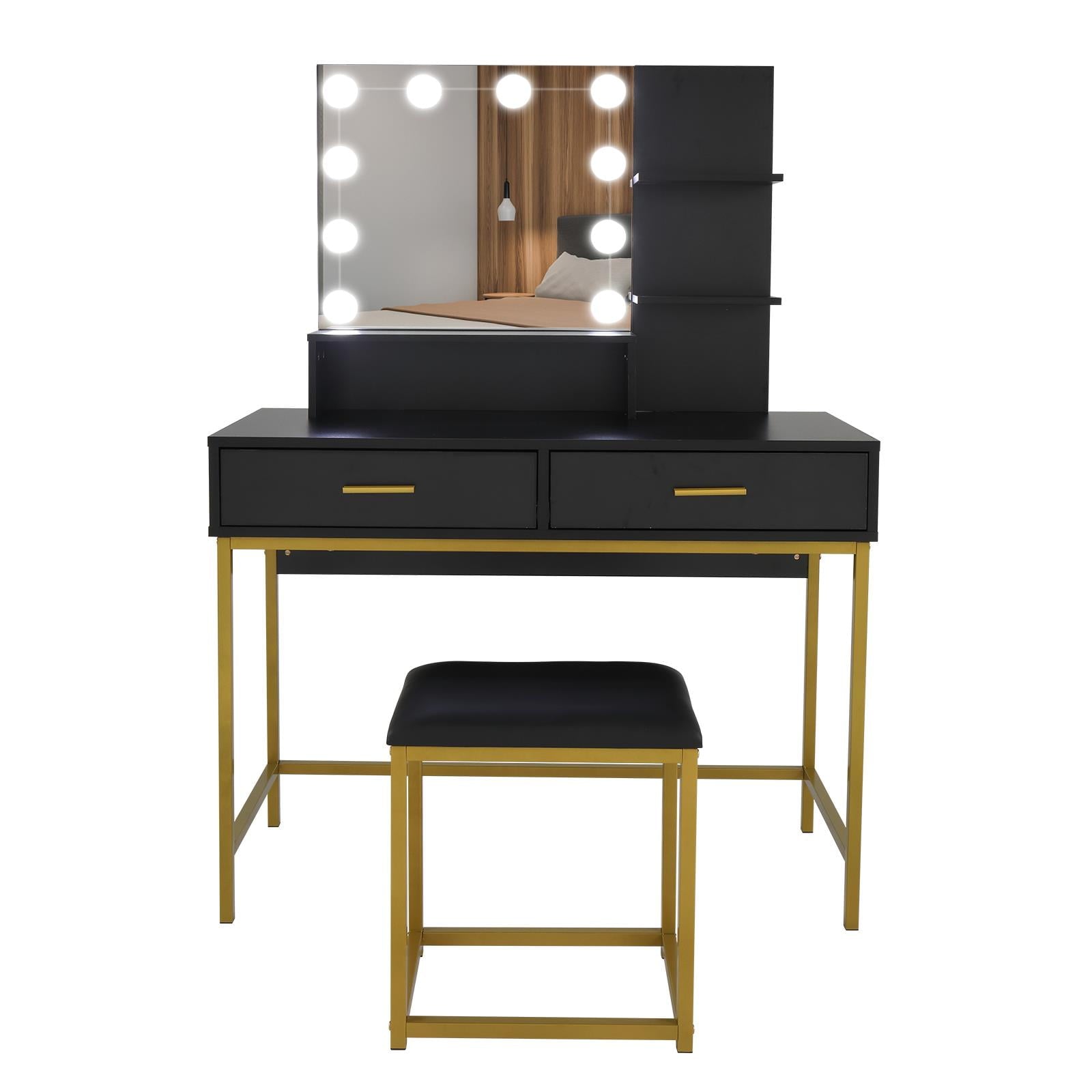 Ktaxon Vanity Table Set with 3 Color Lighted Mirror & Stool, Makeup Vanity Dressing Table, 2 Drawers and Storage Shelves for Bedroom, Gold Vanity Desk for Women Girls (White)