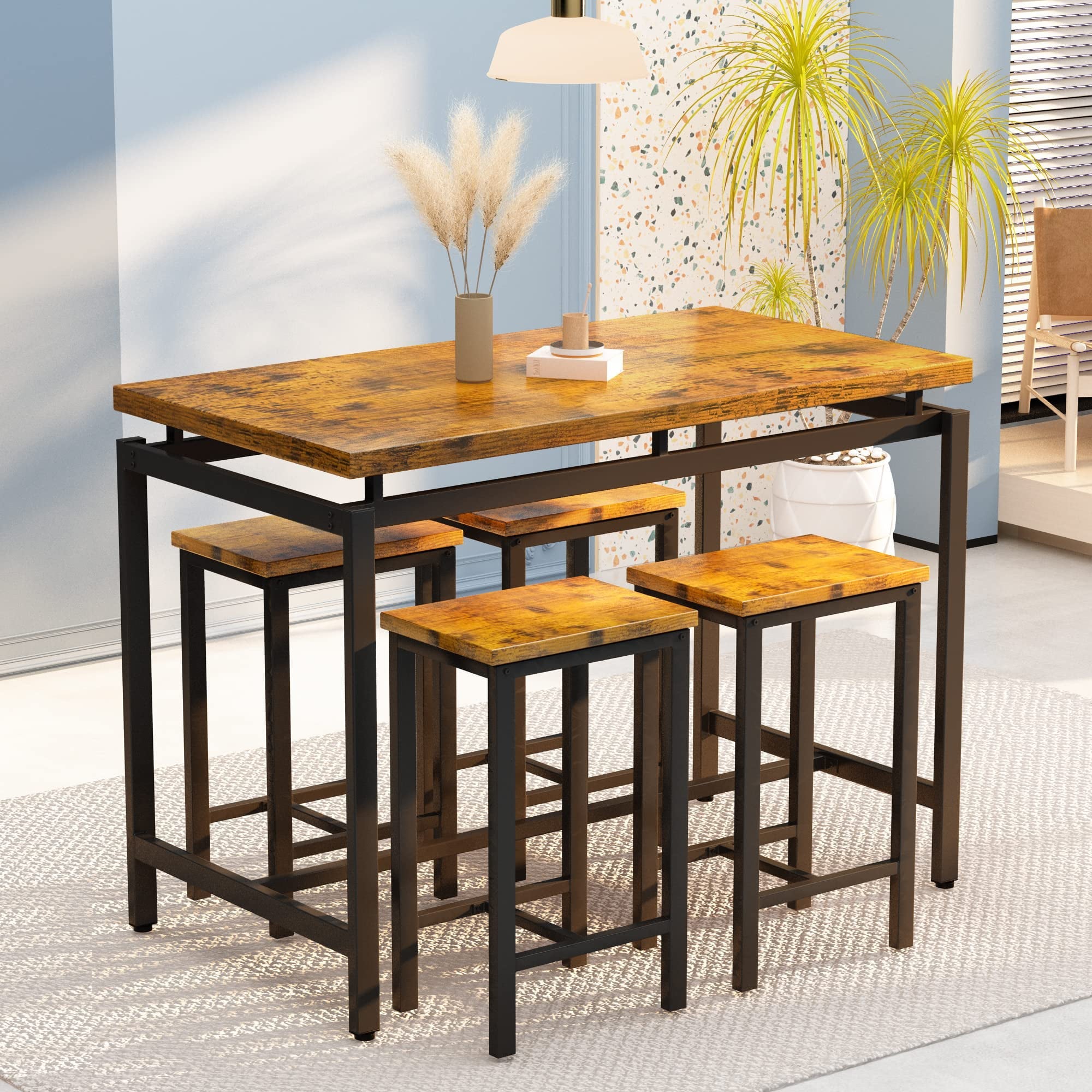 AWQM 5 Piece Bar Table Set, Kitchen Counter Height Table with 4 Stools, Home Kitchen Breakfast Table, Rustic Brown