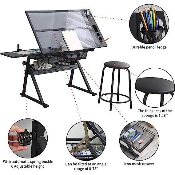 38.5 in. Rectangular Black Tempered Glass Adjustable Drafting Table Drawing Desk with 2 Drawer and Chair