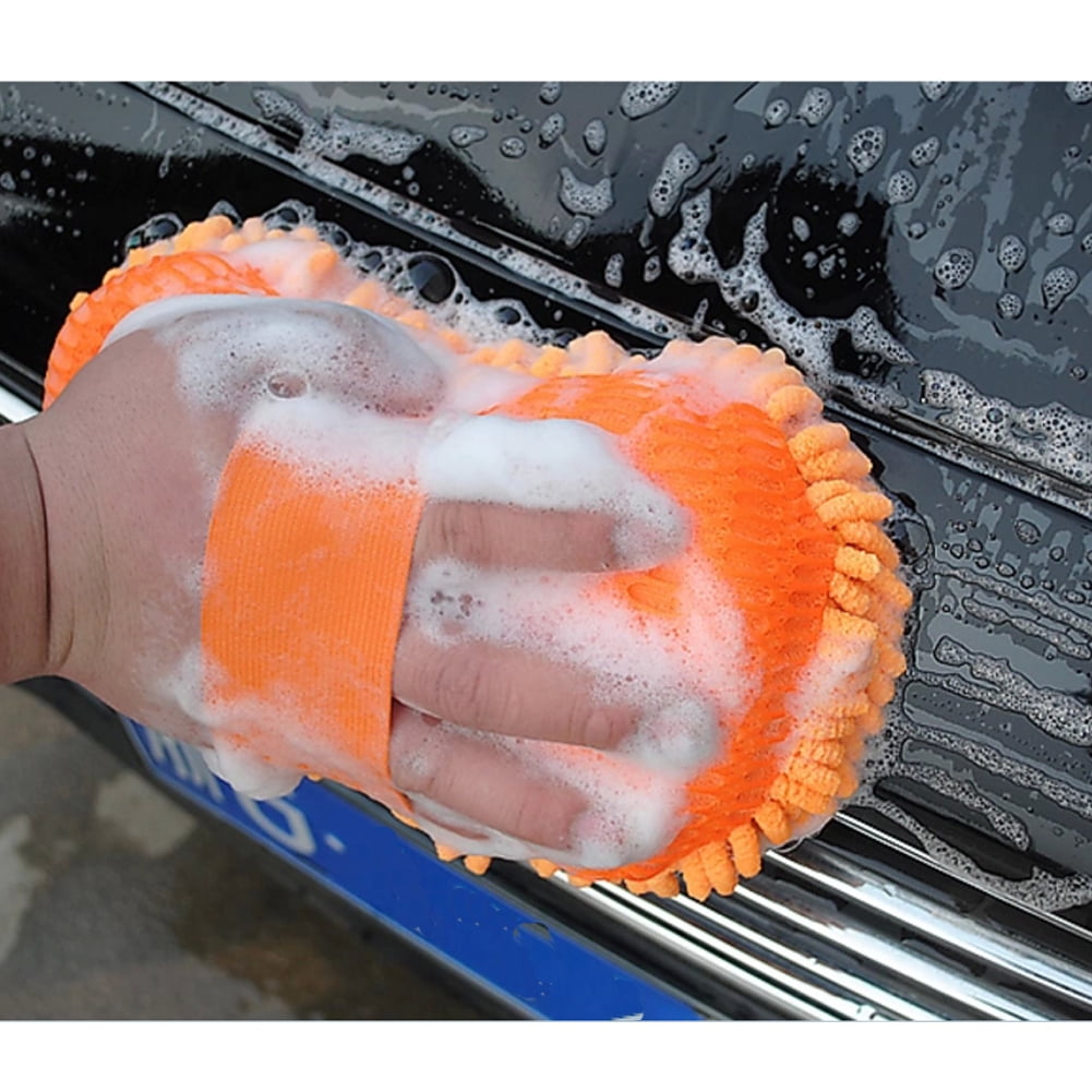 Mrcartool Car Wash Sponge Mitt, Chenille Microfiber Firwood Scratch-Free Highly Absorbent Washing Sponge Cleaning Tool with Handle Strap, Orange