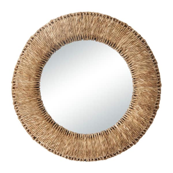 37 in. x 37 in. Coiled Weaved Frame Round Framed Brown Wall Mirror