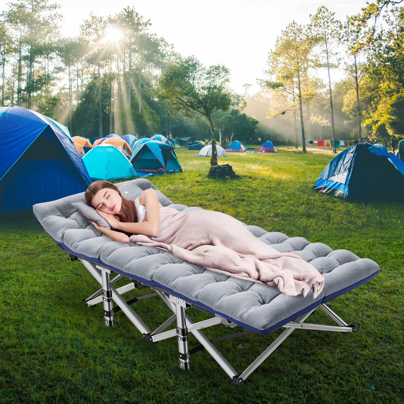 MOPHOTO Folding Camping Cot, Folding Cot for Adults Portable Heavy Duty Sleeping Cots, with Gray Mattress & Carrying Bag, 2pk