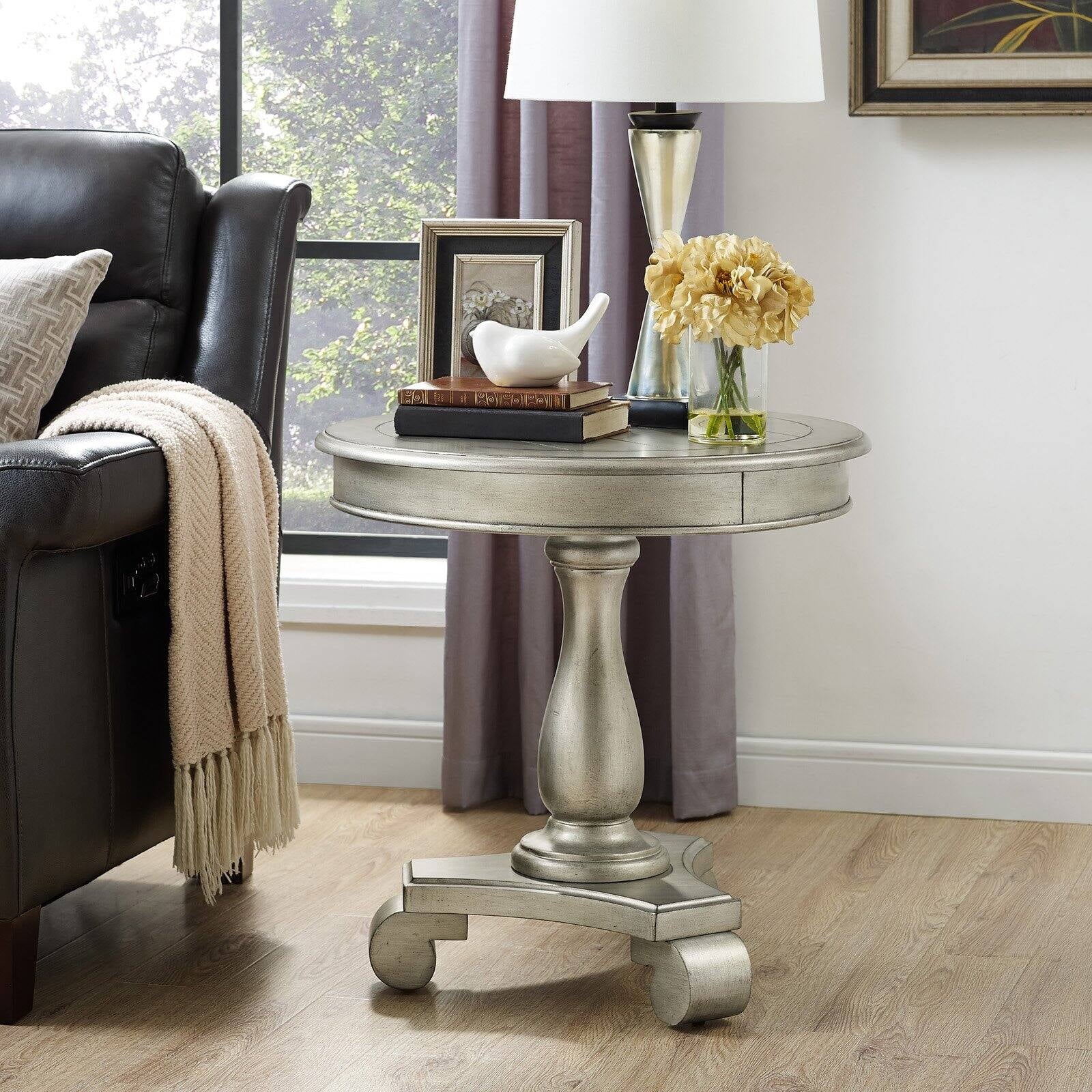 Roundhill Furniture Rene Round Wood Pedestal Side Table, White