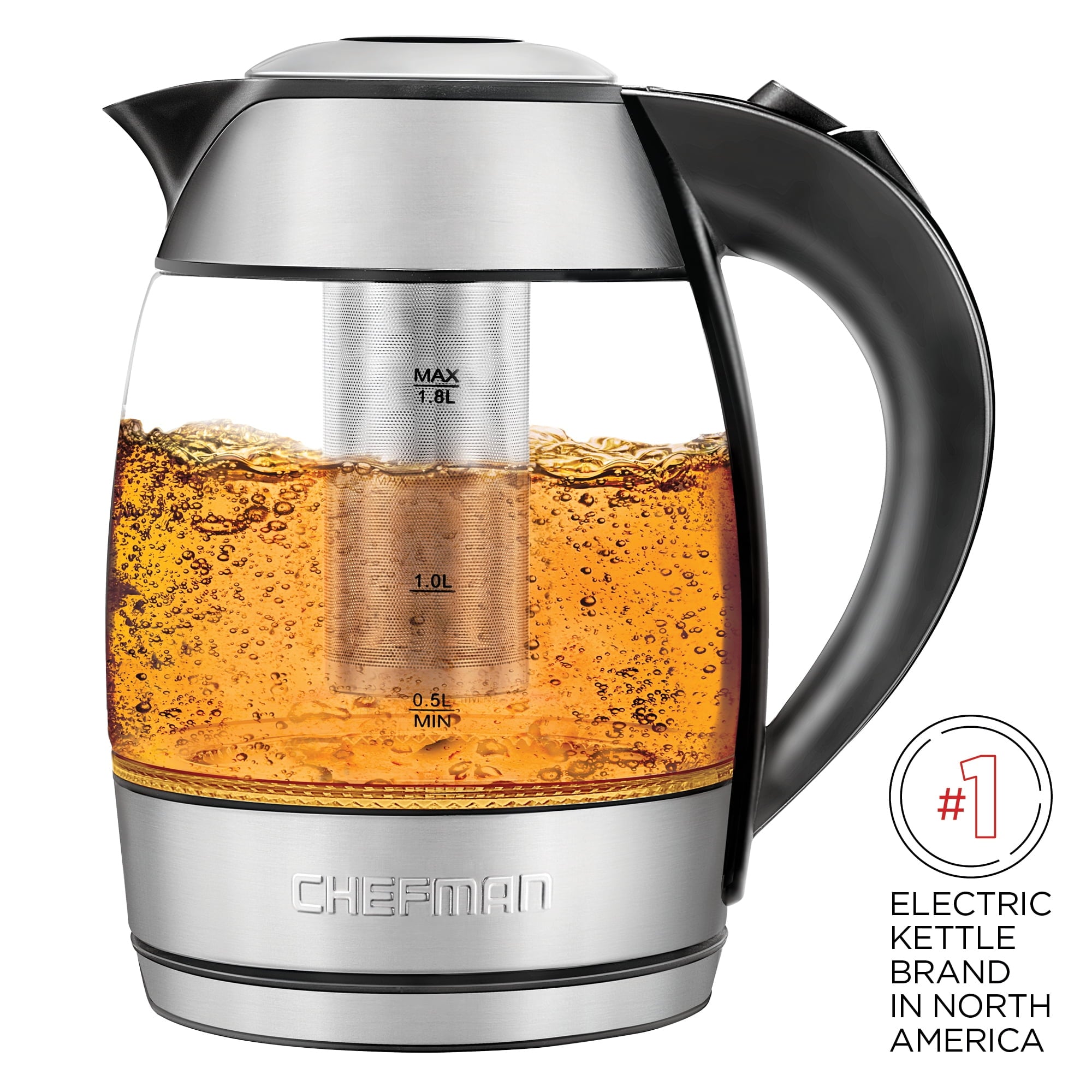 Chefman Fast Boiling 1.8L Electric Glass Kettle, Removable Tea Infuser, LED Lights, Stainless Steel