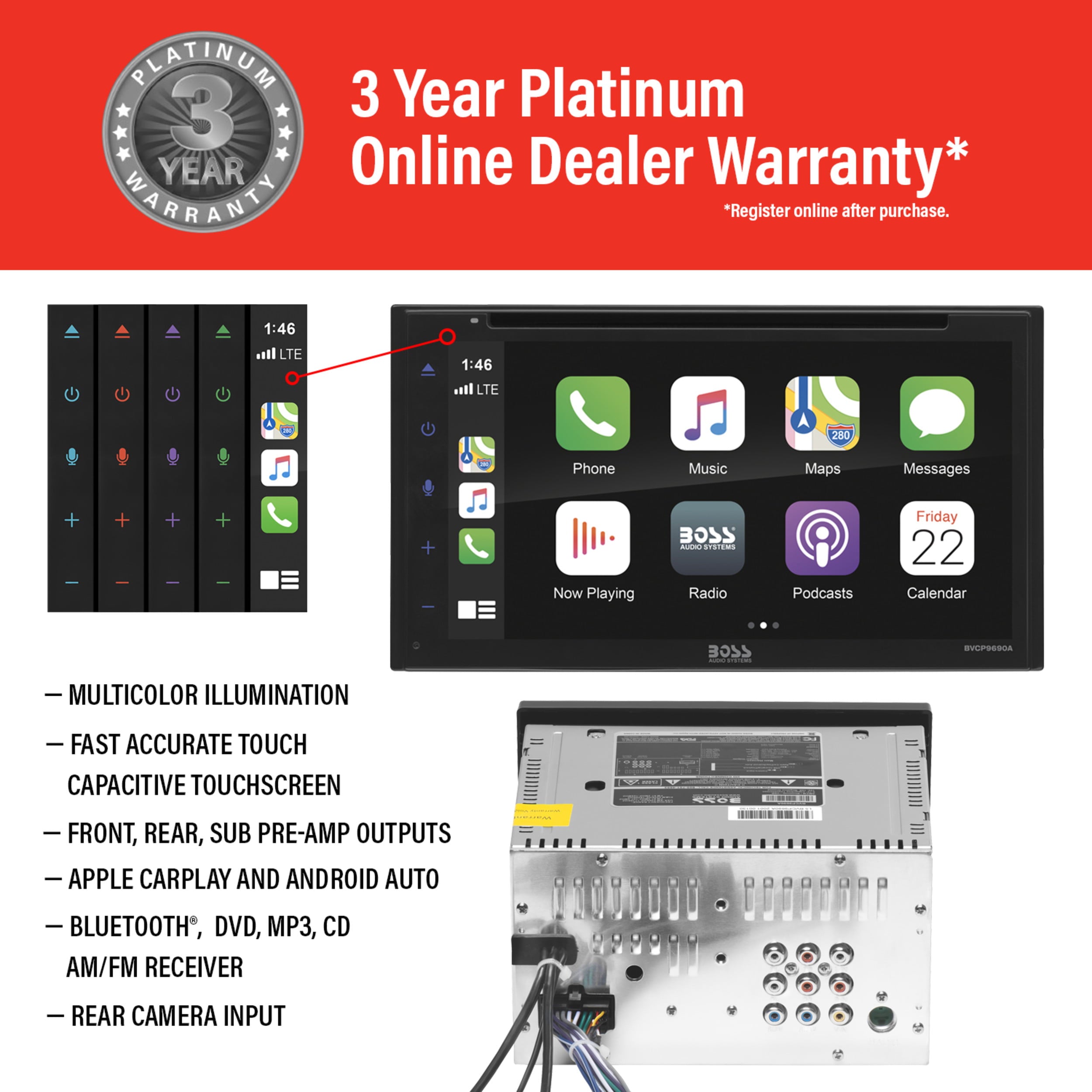 BOSS Audio Systems BVCP9690A 2 Din Apple CarPlay Android Auto Car Stereo System