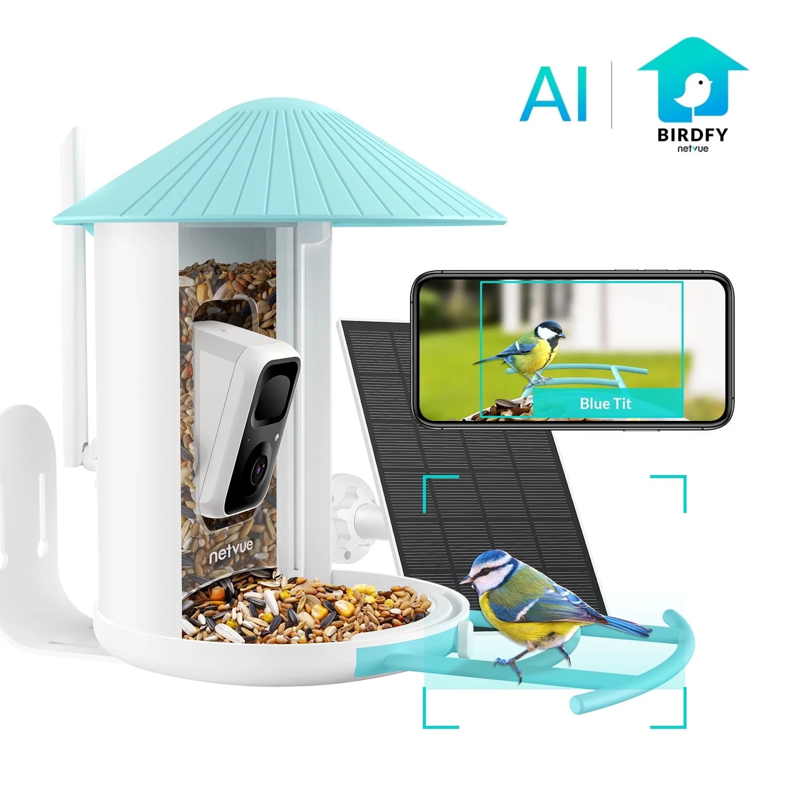 Bird Feeder with Camera, Netvue Birdfy Smart Bird Feeder with AI Identify 6000+ Bird Species Phone App Night Vision for Bird Watching, Gifts for Parents, Blue (Birdfy AI+Solar)