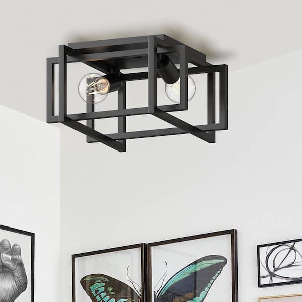 11.5 in. 2-Light Matte Black Square Frame Flush Mount Ceiling Light Fixture, Hallway Light Fixtures Ceiling