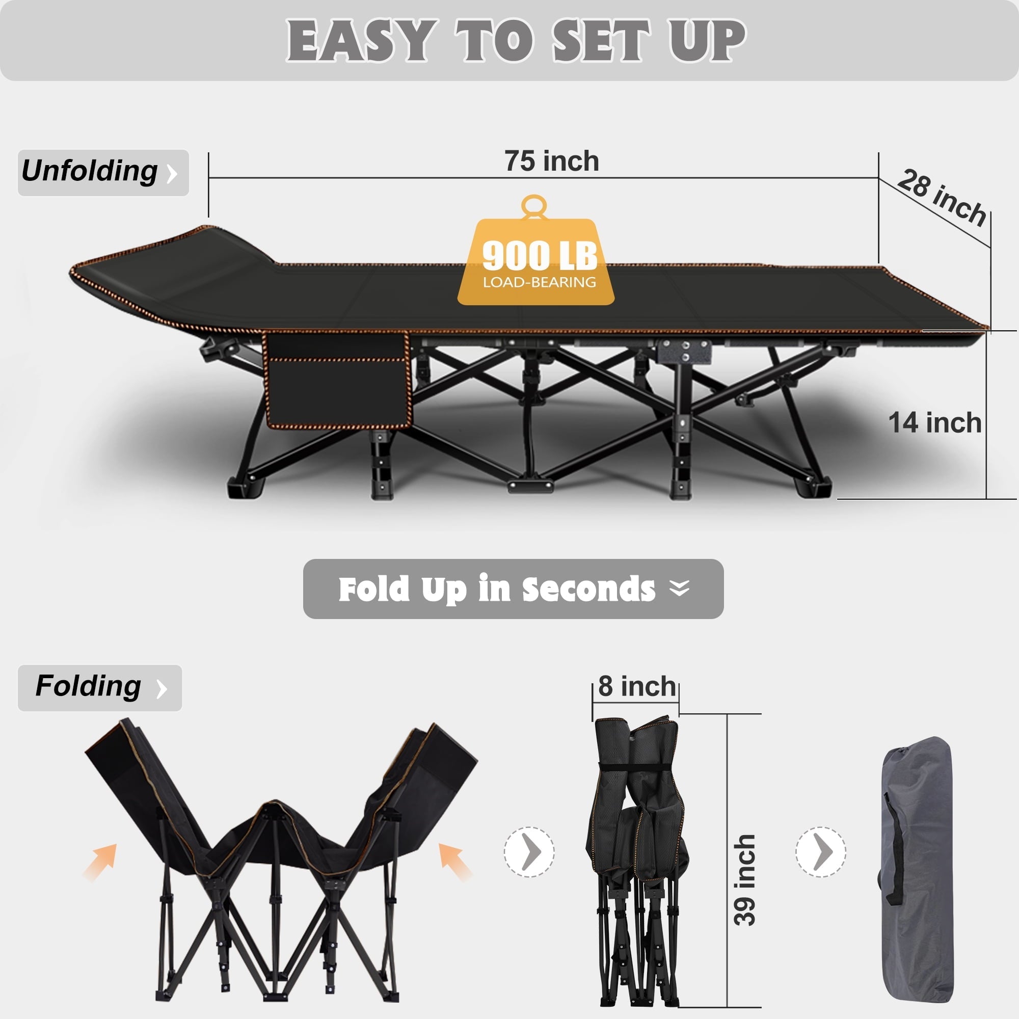 MOPHOTO  Adults Folding Camping Cot, Oxford Folding Cot Portable Outdoor Military Sleeping Bed, Camping Cot with Mattress&Carry Bag, 75