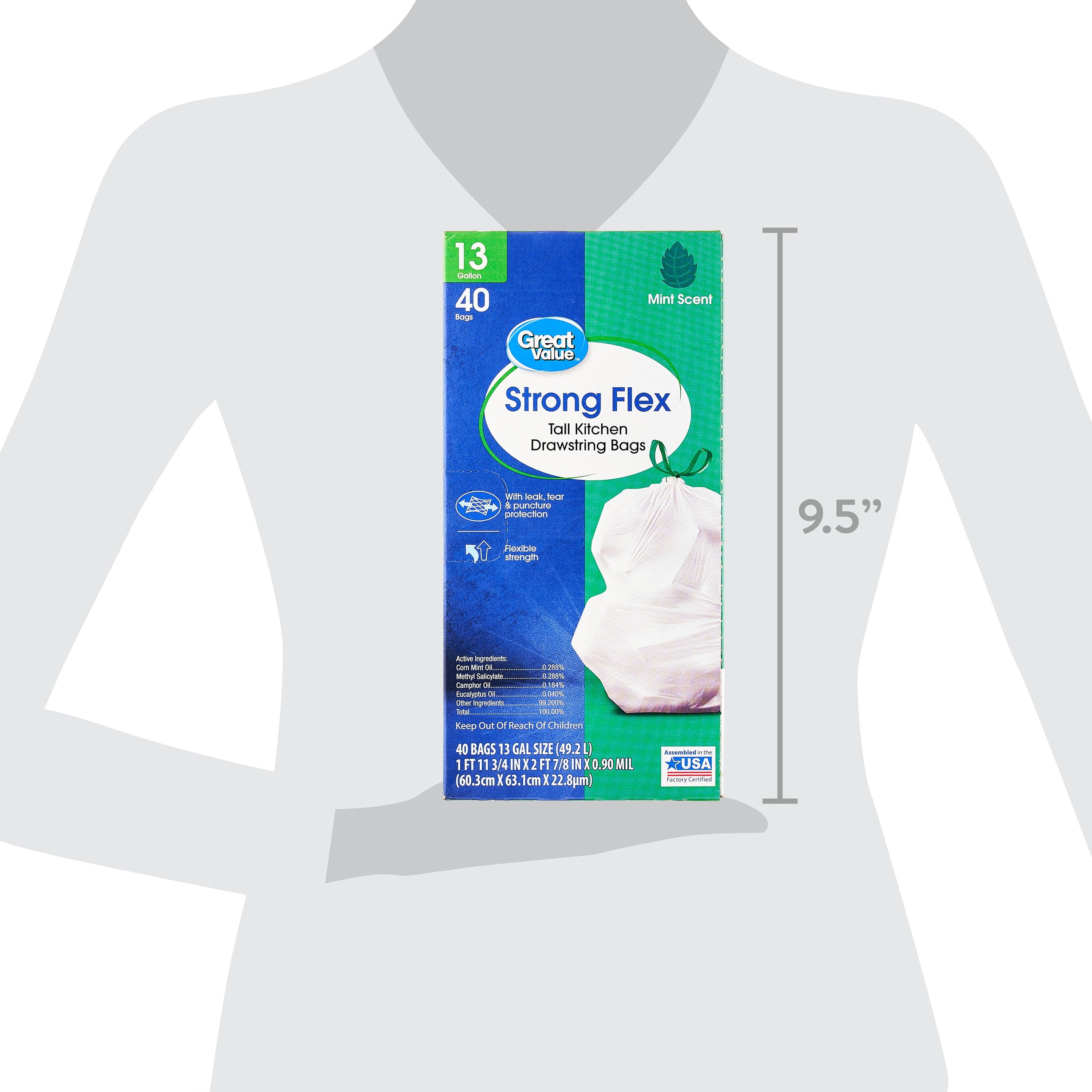 Great Value Strong Flex 13 Gallon Tall Kitchen Trash Bags, Mint Scent, 40 Count