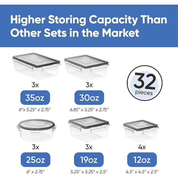 32 Piece Food Storage Containers Set with Easy Snap Lid, Airtight Plastic Containers for Pantry and Kitchen Organization
