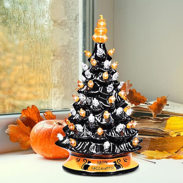 15 in. Pre-Lit Hand-Painted Ceramic Halloween Tree Tabletop Xmas Decor