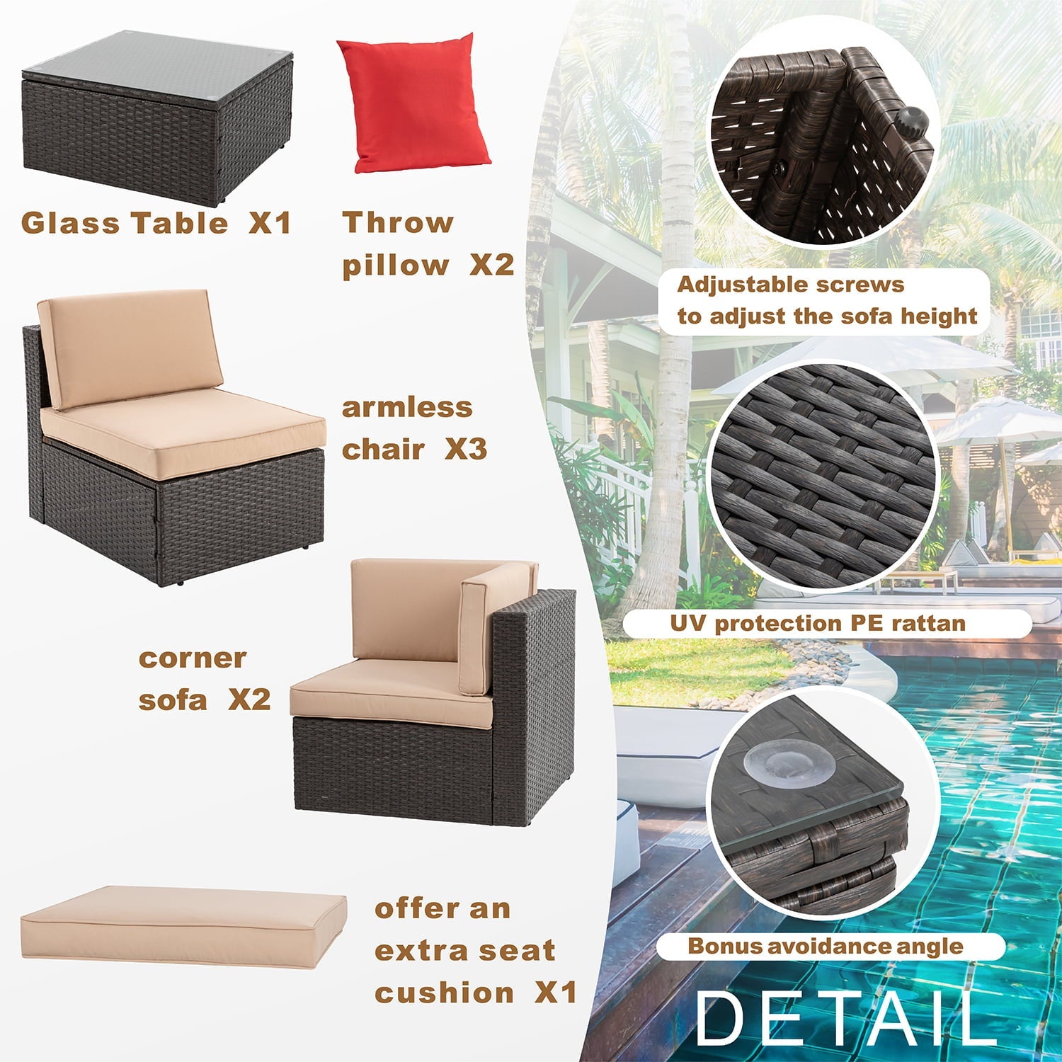 Sobaniilo 6 Pieces Patio Furniture Sets, All Weather PE Wicker Outdoor Conversation Set with Glass Table (Beige)