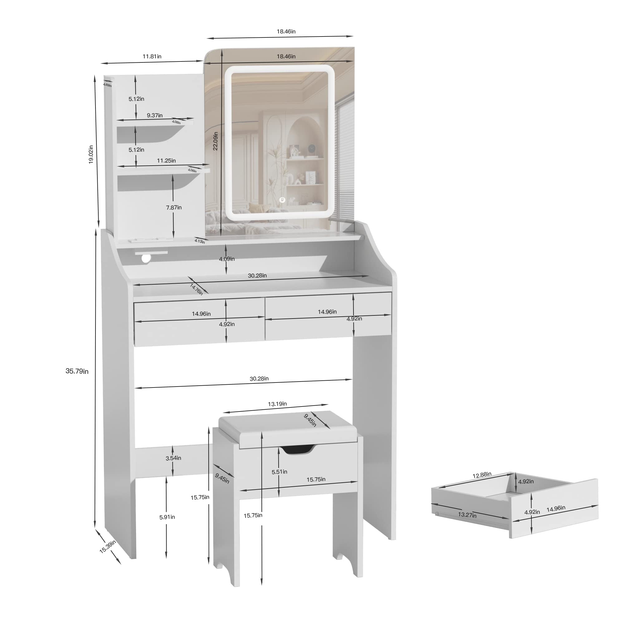 Veanerwood Makeup Vanity Desk with Lights and Power Strip, Vanity Dressing Table Set with Drawers and Shelves, Bedroom, 31.5in, White
