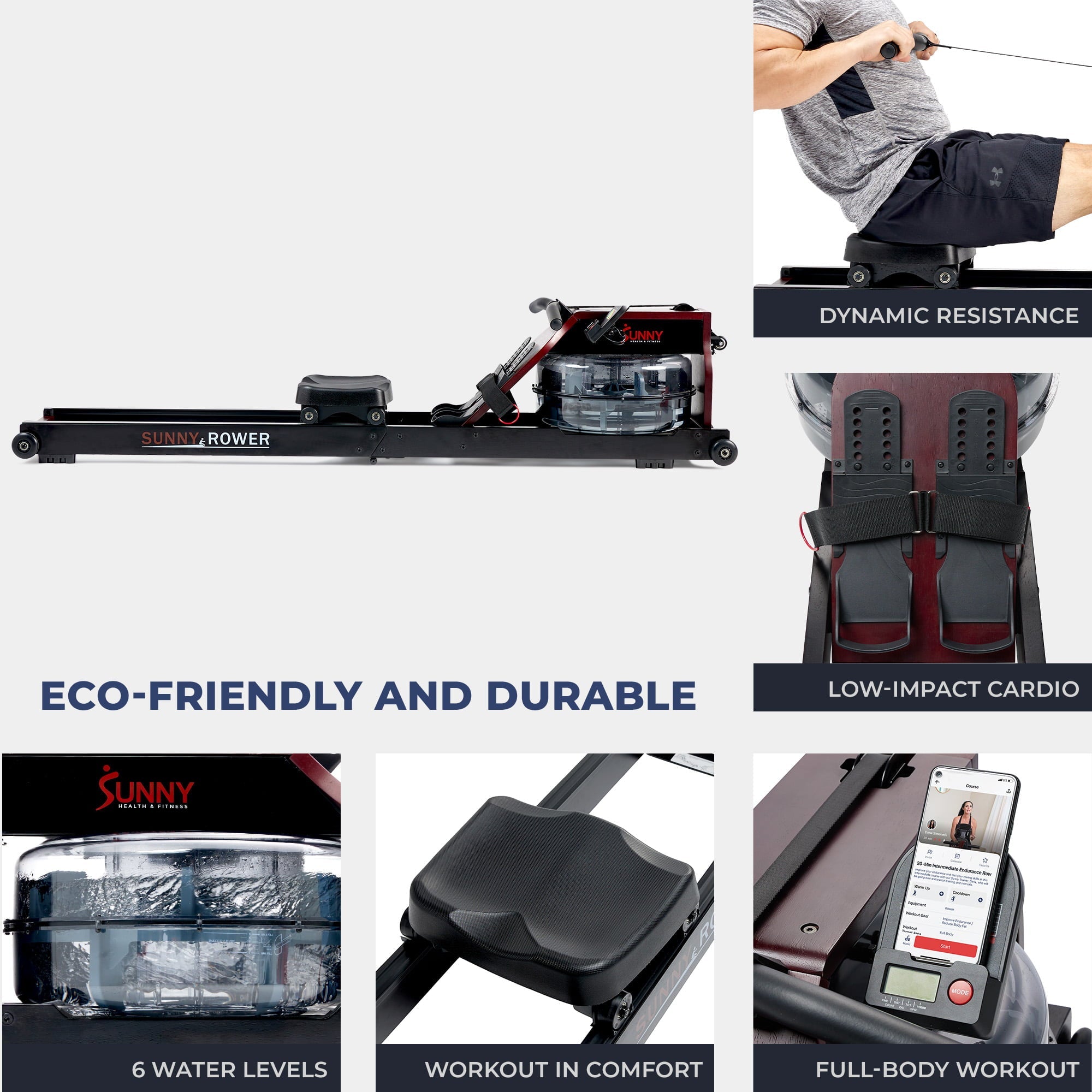 Sunny Health & Fitness Foldable Wooden Water Rowing Machine with Sustainable Rubberwood, Ergonomic Handle & Exclusive SunnyFit® App Enhanced Bluetooth Connectivity - SF-RW522074