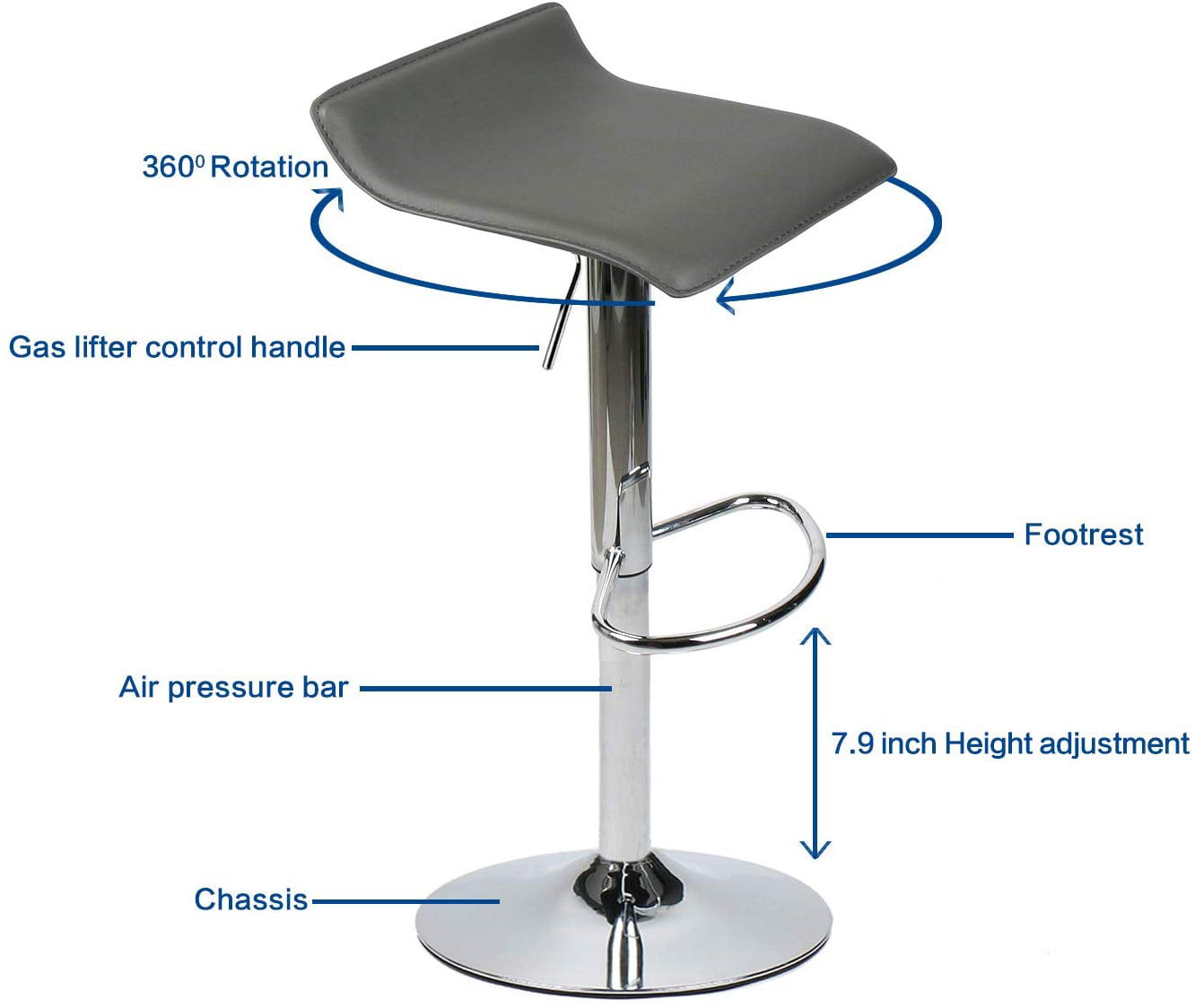 PULUOMIS Leather Bar Stools Set of 2 Swivel Bar Stools Adjustable Dining Chair Gray Low Back