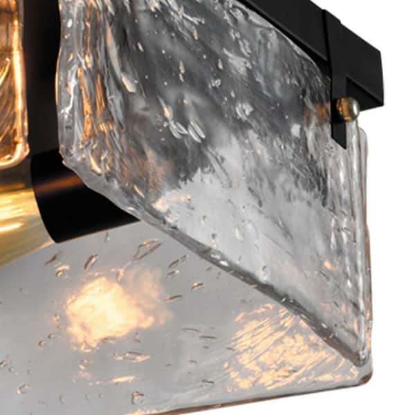 Raleigh 2-Light 11.81 in. Black Flush Mount with Water Glass Shade