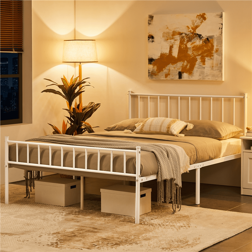 Easyfashion Justin Metal Platform Bed with Spindle Headboard and Footboard, Queen Size, White