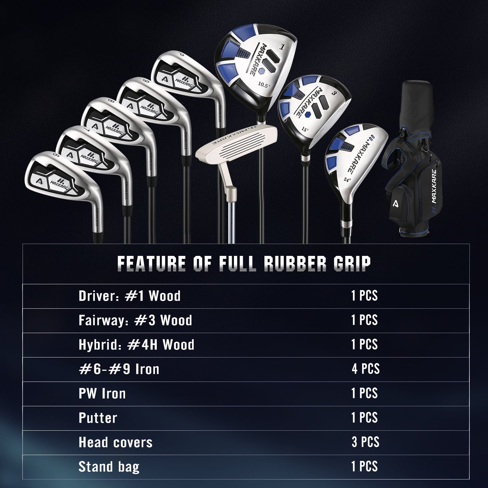 MaxKare Complete Golf Clubs Set Golf Men's Regular 13-Piece Complete Set Includes Driver, Fairway Wood, Hybrids, 6-9 Irons, PW, Putter, Stand Bag, 3 Head Covers - Right Hand