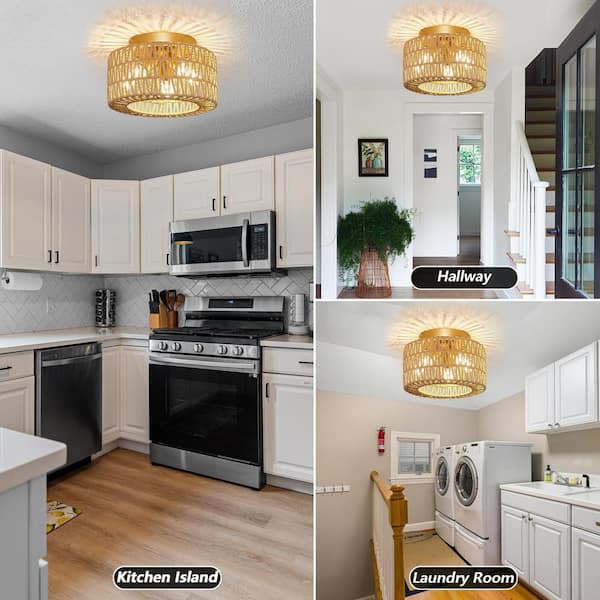 11.8 in. 3-Light Gold Rattan Flush Mount Ceiling Light with Hand-Woven Cage Shaded for Hallway Bedroom