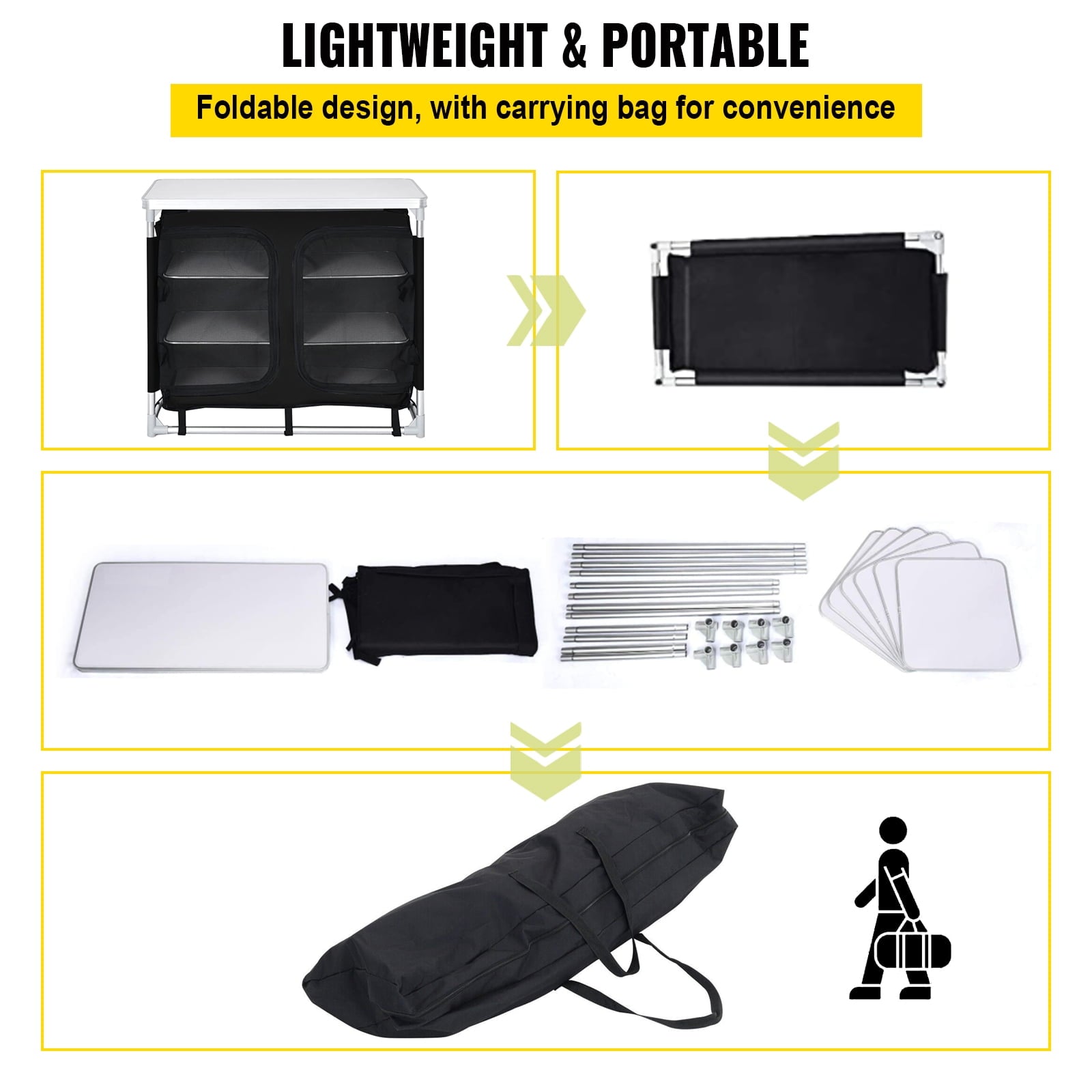 Camping Kitchen Station, Aluminum Portable Folding Cook Table with Storage Organizer and Carrying Bag, Quick Installation for Outdoor BBQ Party Backyards and Tailgating, Black