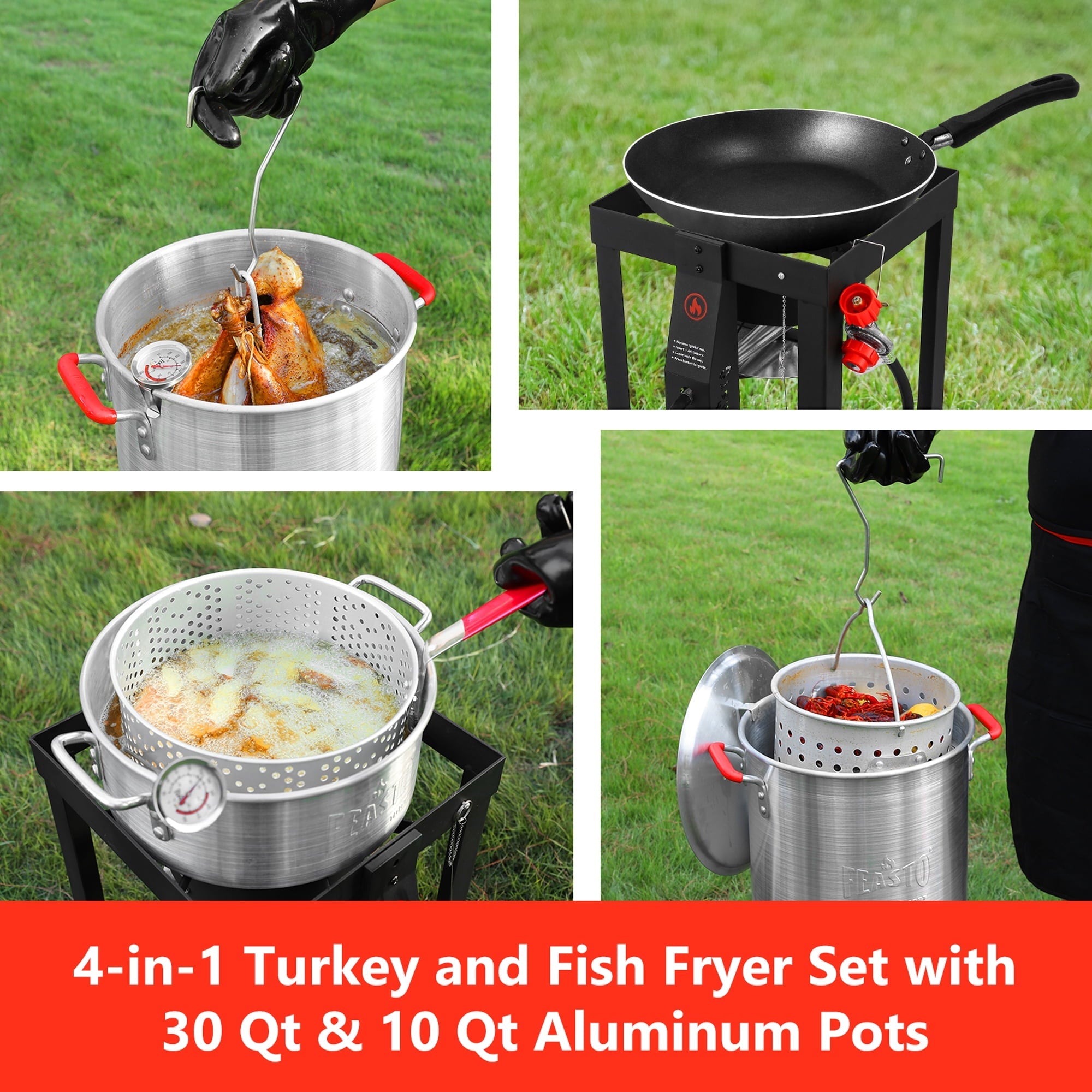 FEASTO Turkey Fryer and Fish Boiler Set with 30 Qt and 10 Qt Aluminum Pots Set, Auto Ignition,55000BTU Propane Burner for Outdoor Cooking