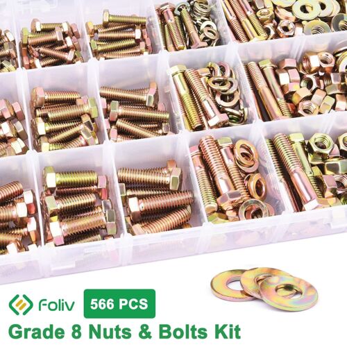 FOLIV 566Pcs Heavy Duty Bolts and Nuts Assortment Kit Grade 8 Hex Screws Bolts