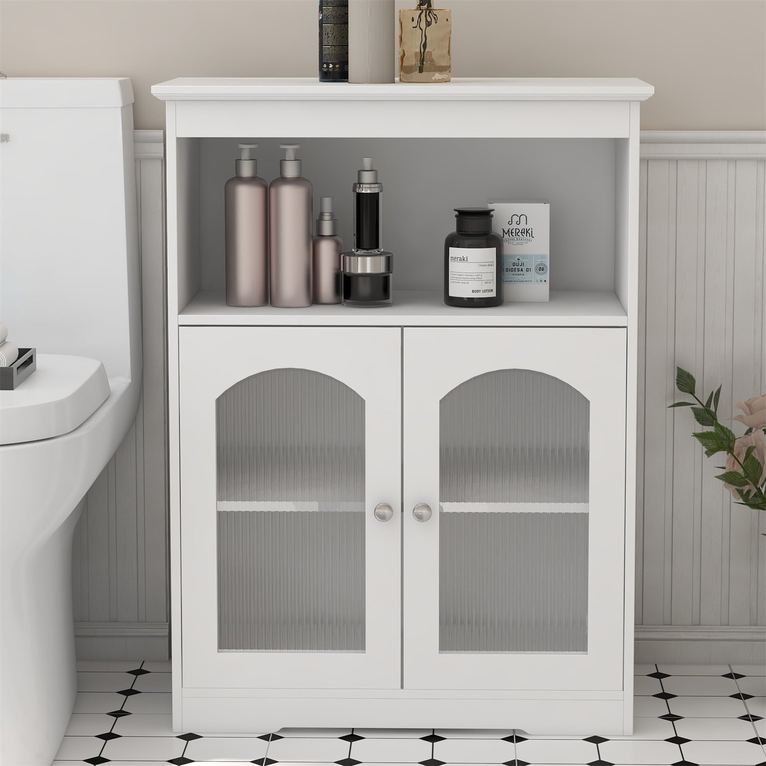 Resenkos Wooden Glass White Organizer Cabinet for Medicine Bathroom Laundry Storage