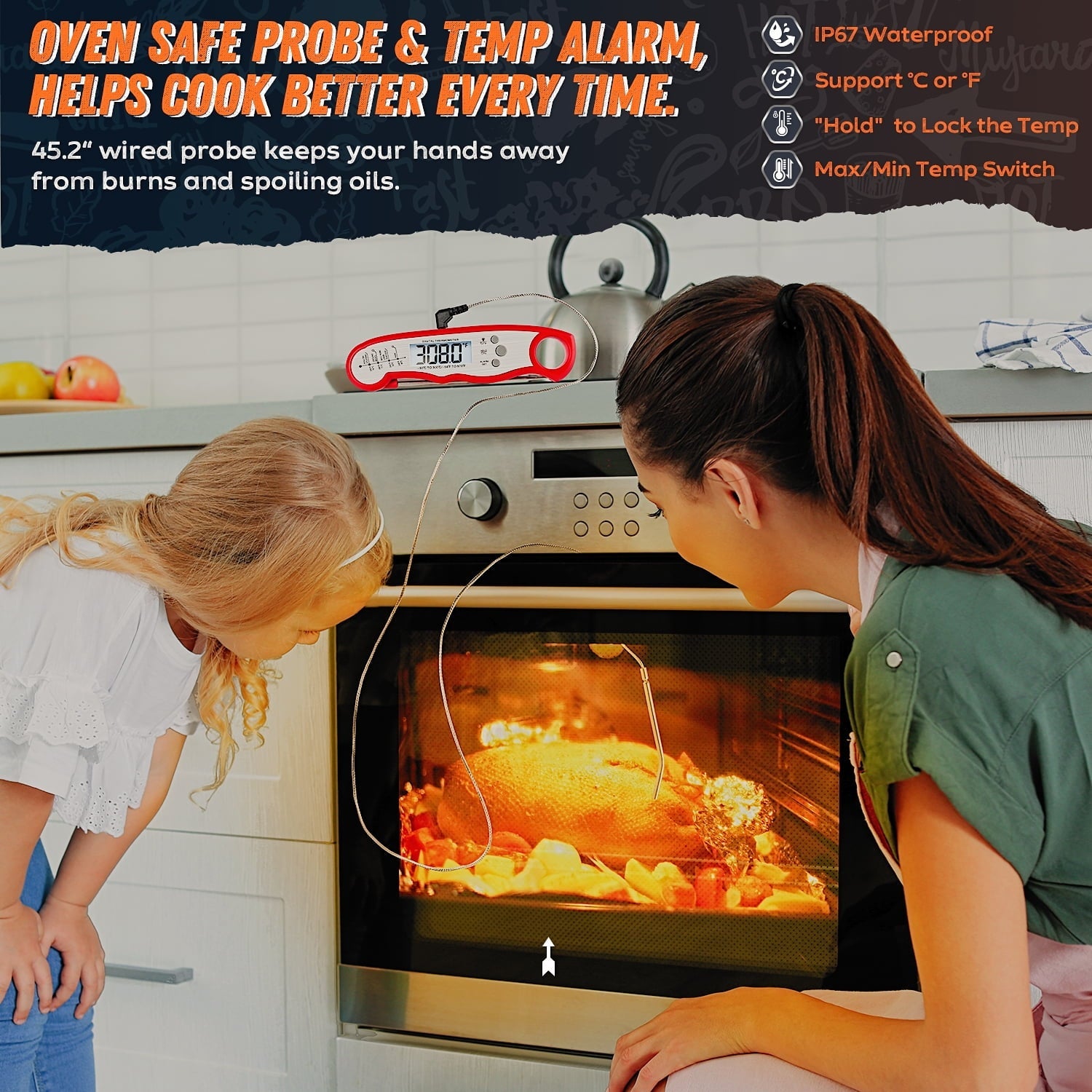 Meat Thermometer for Cooking, Saferell 2-in-1 Instant Read Food Thermometer with Foldable Probe & Oven Safe Wired Probe, Backlight, and Magnet for Deep Fry, BBQ, Grill and Roast Turkey