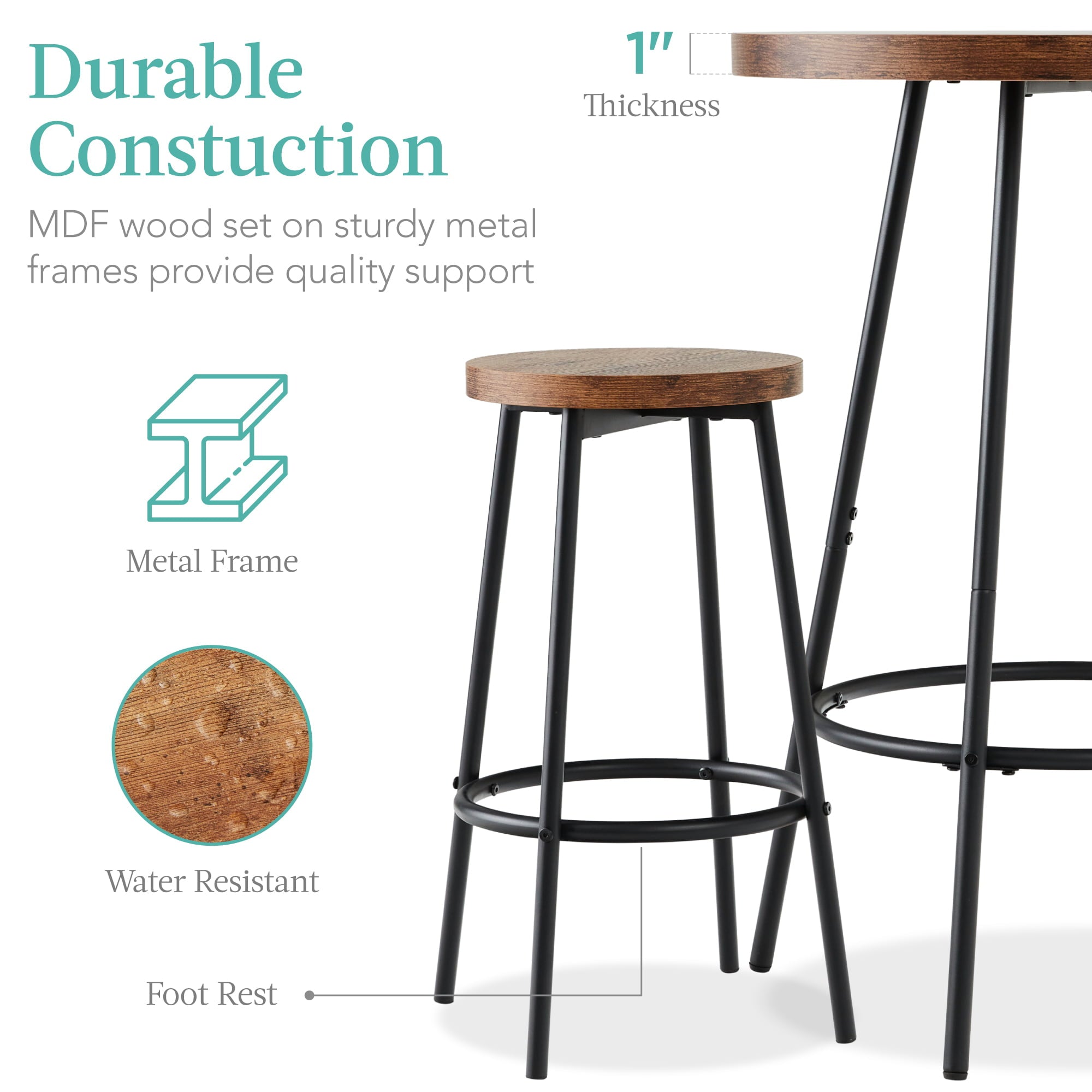 Best Choice Products 3-Piece Bistro Set, Modern Round Counter Height Dining Set w/ 2 Stools, Metal Frame - Medium Brown