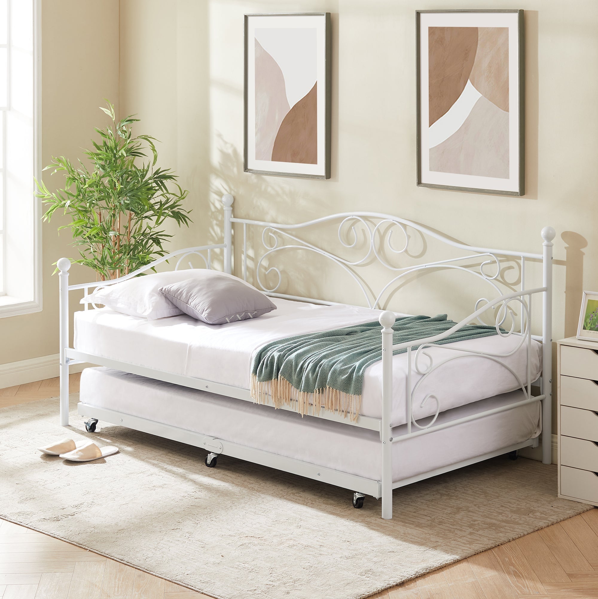 VECELO Twin Metal Daybed Frame with Trundle, Mattress Foundation Sofa Bed Platfrom with Headboard, No Box Spring Needed, White