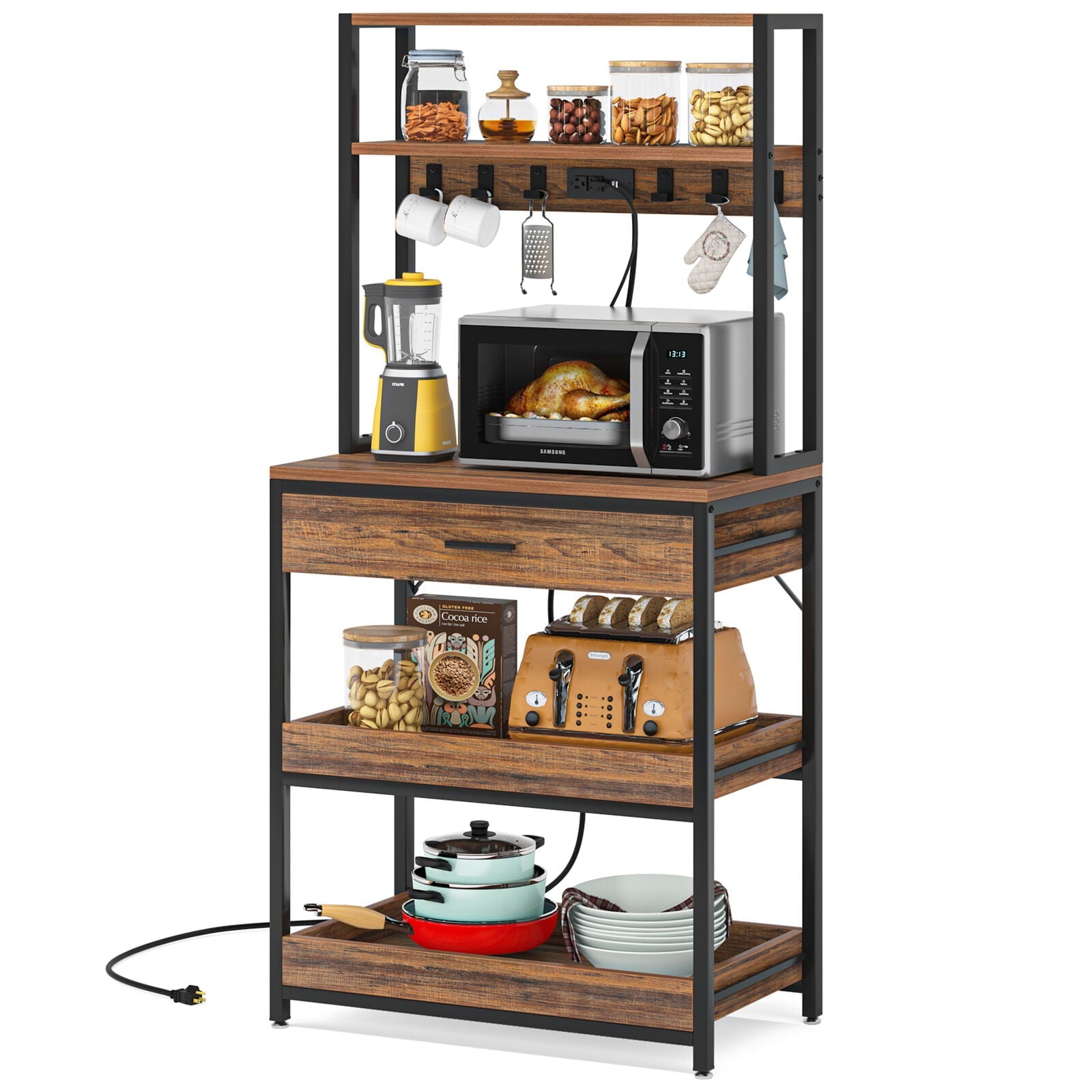 Tribesigns Kitchen Bakers Rack with Power Outlets, 5 Tier Microwave Oven Stand with Drawer, Sliding Shelves & Hooks, Rustic Brown
