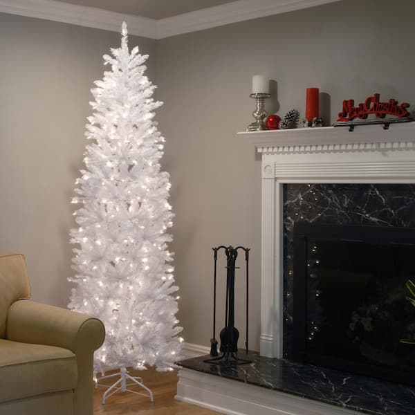 7 ft. Kingswood White Fir Hinged Pencil Artificial Christmas Tree with 300 Clear Lights
