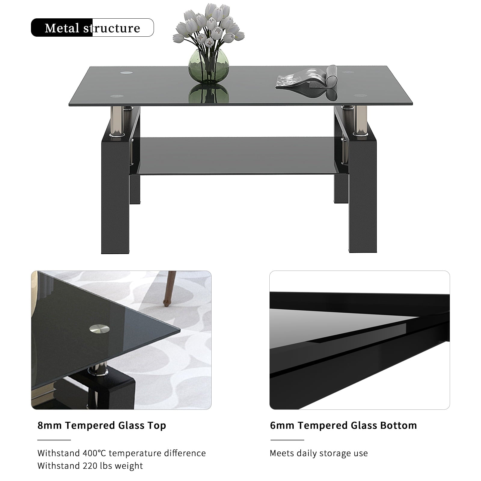 Black Glass Coffee Table Set of 3 Piece, Living Room Table Set of 3, Black Coffee Table and End Coffee Table Sets, Metal Frame (All Black A, Set of 3)