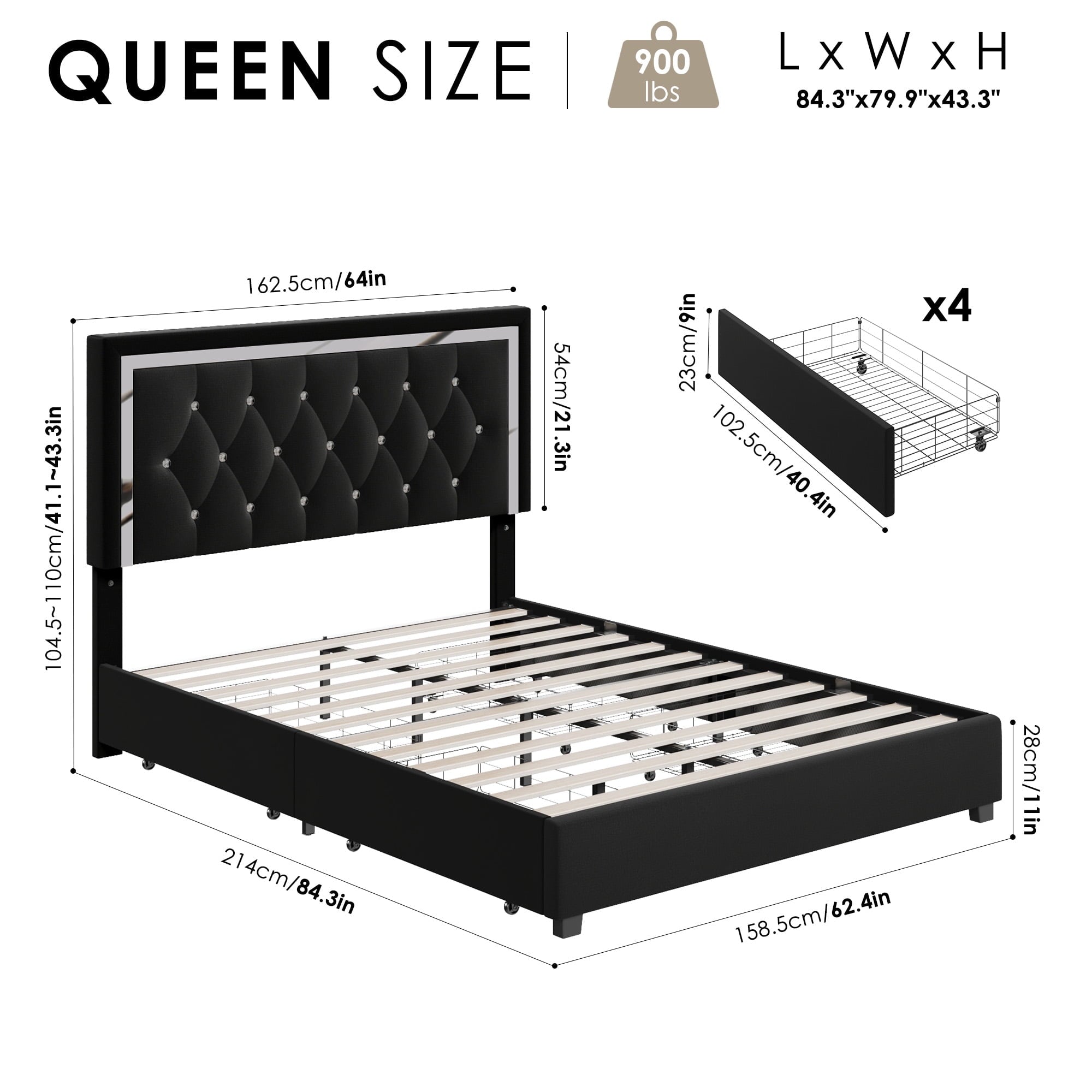 Homfa Queen Size Storage Bed with 4 Drawers, Crystal Buckle Upholstered Platform Bed Frame with Adjustable Headboard for Bedroom, Black