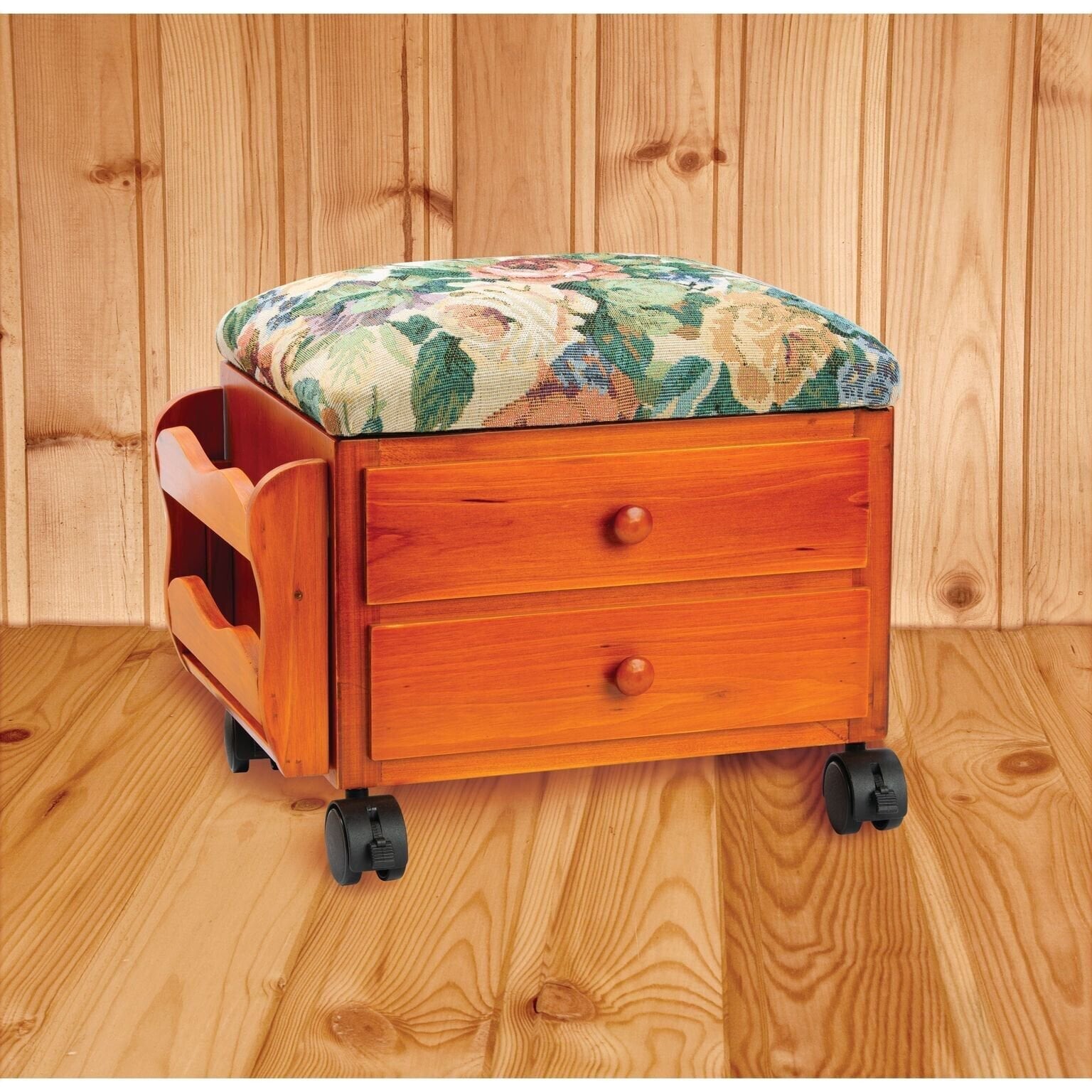 Foot Stool, Footrest Small Ottoman Stool, Elevated with Rolling Wheels- Wooden Walnut Storage Drawer and Magazine Rack- Tapestry Top with Storage