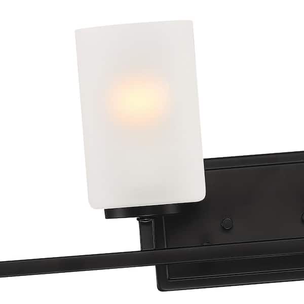 Carmine 28 in. 4-Light Matte Black Modern Vanity with Etched Glass Shades