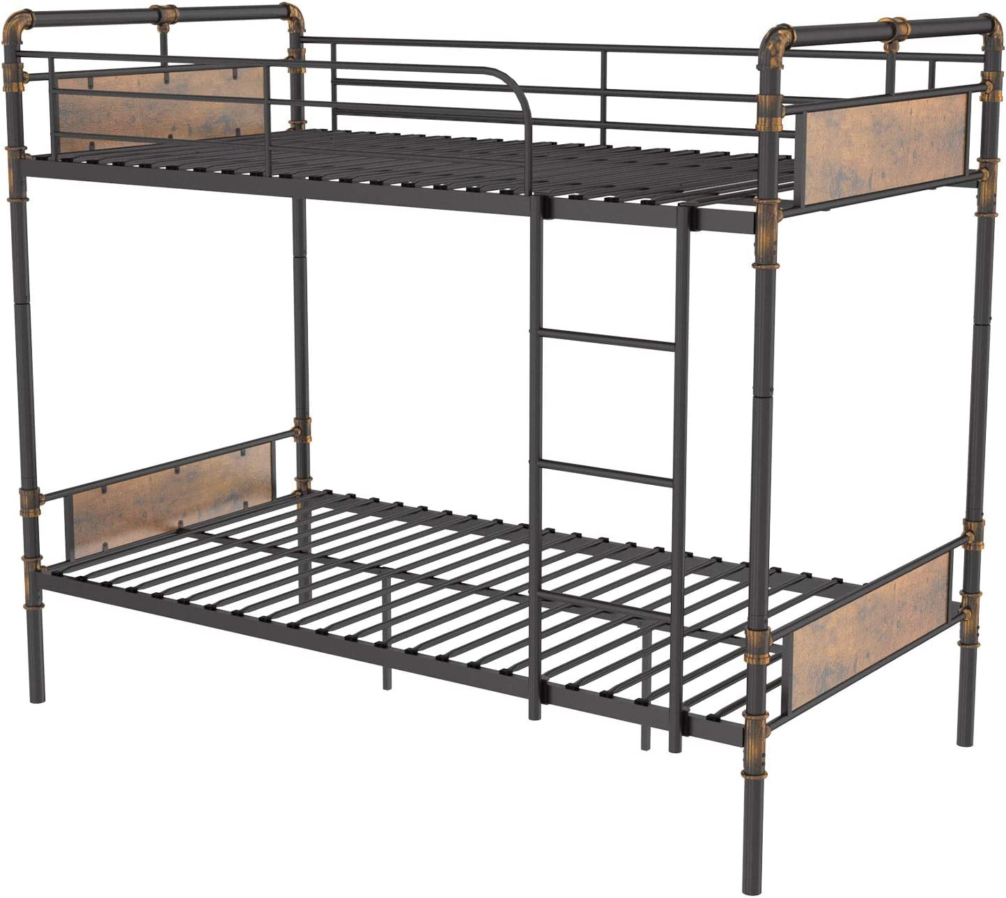 Alohappy Twin Over Twin Bunk Bed, Convertible Twin Bunk Beds Into 2 Individual Bed, Removable Ladder & Safety Guard Rail for Kids, Modern Industrial Style, Easy Assembly, No Box Spring Needed (Brown)