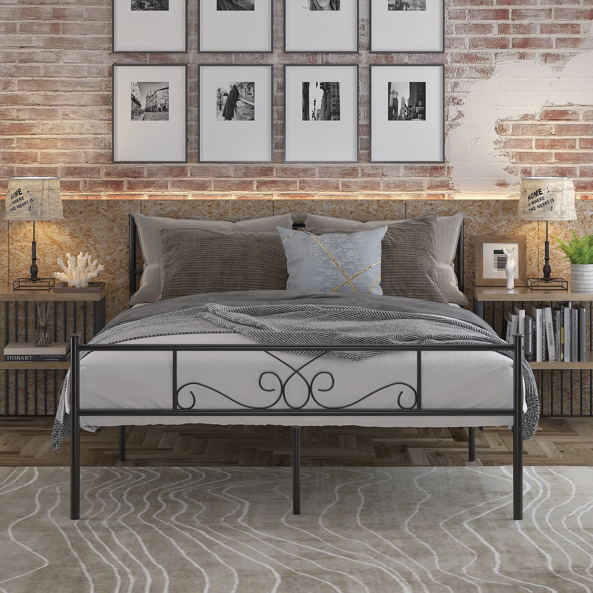 Yoneston Platform Metal Bed Frame Foundation Headboard Furniture Bedroom Full Size