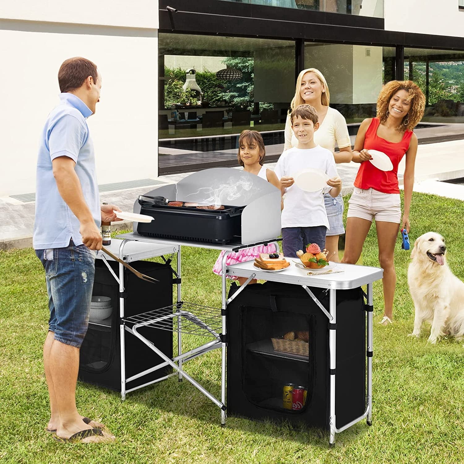 Camping Kitchen Table with Storage, Aluminum Portable Outdoor Cooking Table with Windscreen, Foldable Camp Table Cook Station for BBQ, Grill, Party, Picnics