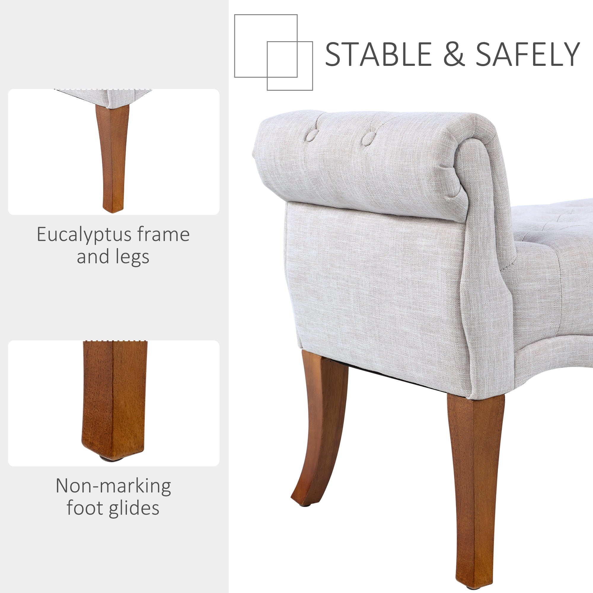 HOMCOM Traditional Style End of Bed Bench, Upholstered Entryway Bench with Button Tufted and Rounded Arm, Light Gray